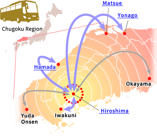 Chugoku Region�E�Hiroshima⇔Matsue,Hiroshima⇔Yonago,Hiroshima⇔Okayama,Hiroshima⇔Hamada,Hiroshima⇔Iwakuni,Hiroshima⇔Yuda Onsen